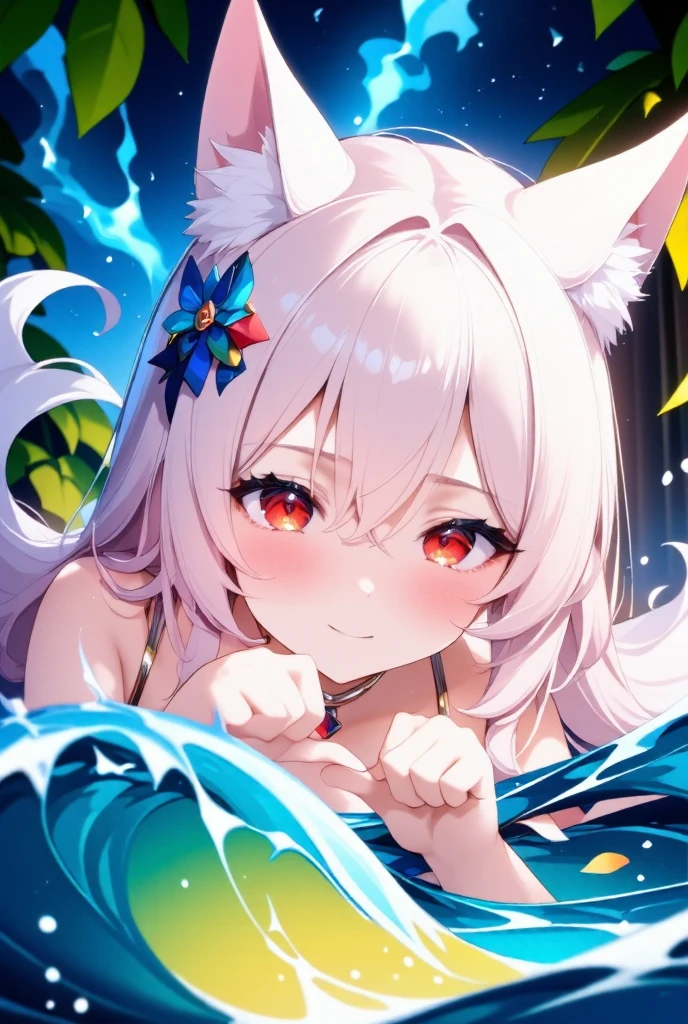 Koneko Toujou from High School DxD, white hair, yellow eyes, cat ear, sexy., cute Beach background. Masterpiece, detailed, UHD