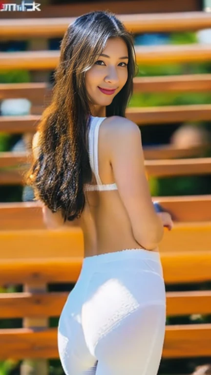 ((Highest quality, 8K, masterpiece: 1.3)), sharp: 1.2, Perfect Body Beauty: 1.4, ((Layered Hairstyles, Small breasts: 1.1)), street: 1.2, Highly detailed face and skin texture, fine grain, double eyelid, Long black hair, Not tying hair, Turning his back, Butt, Lower Body, Thighs, Skinny, Shorts, Lace Apron, Wearing a short-sleeved T-shirt, Ribs are floating, Wet and shiny lips, Cross your arms, Lace pattern, Look Up, smile, Looking back here, The gaze is directed this way, plump, Slightly skimpy panties, expose one's cleavage, Chubby tummy