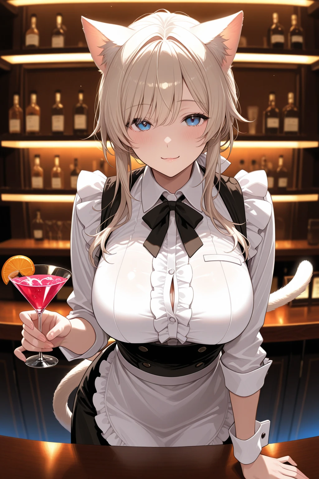 1lady standing, (holding up cocktail glass) (presenting cocktail glass toward viewers), bartender, (black vest over white unbuttoned dress shirt) tie, stylish outfit, mature female, /(brown blond hair/), (light smile:0.8), (masterpiece best quality:1.2) delicate illustration ultra-detailed, big breasts BREAK ((colorful neon signs:1.2 on wall), (neon tube) glowing BREAK (fashionable bar counter) indoors, ((cocktail glass) filled with colorful liquor), (dimly lit room), liquor bottles, detailed background