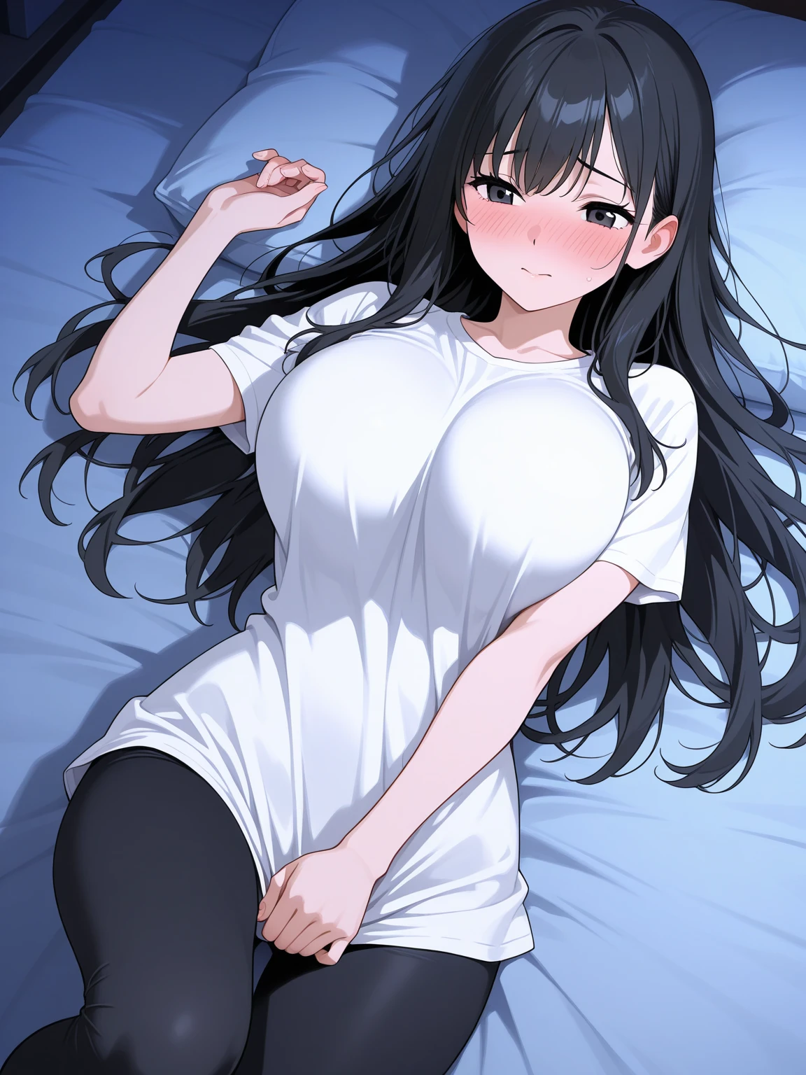 1girl, mature women,perfect ,black hair, long hair, (hair over one eye:1.4), messy hair, hair between eyes,plump, saggy breast, pajama, cute shy blush on , bedroom 