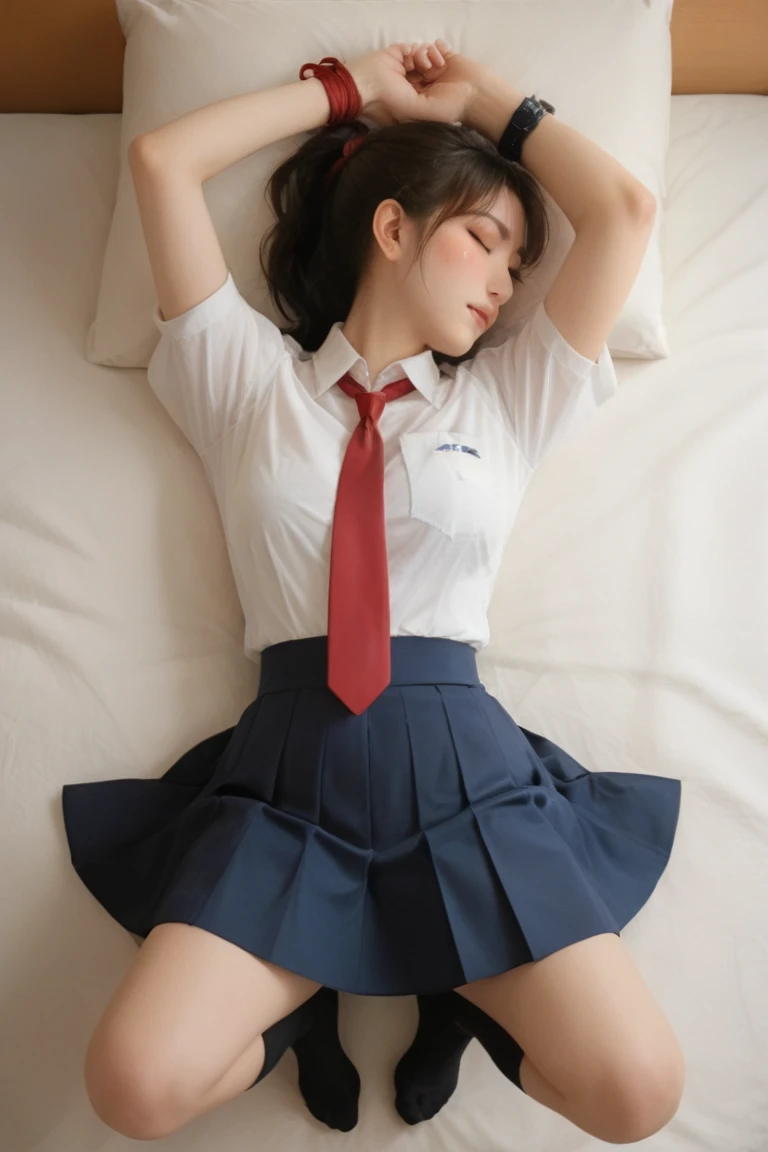 (masterpiece:1.2), super high quality, japanese girl, (super realistic), (super photographic style), 1girl, ((full body)), at noon, fine day, straight hair, (18 years old), (((legs))), large tits, (cute face), (((school uniform))), lying on her back on a bed, head on the pillows, view from sky above, ((closed eyes)), ((legs spread)), both hands on her head,
