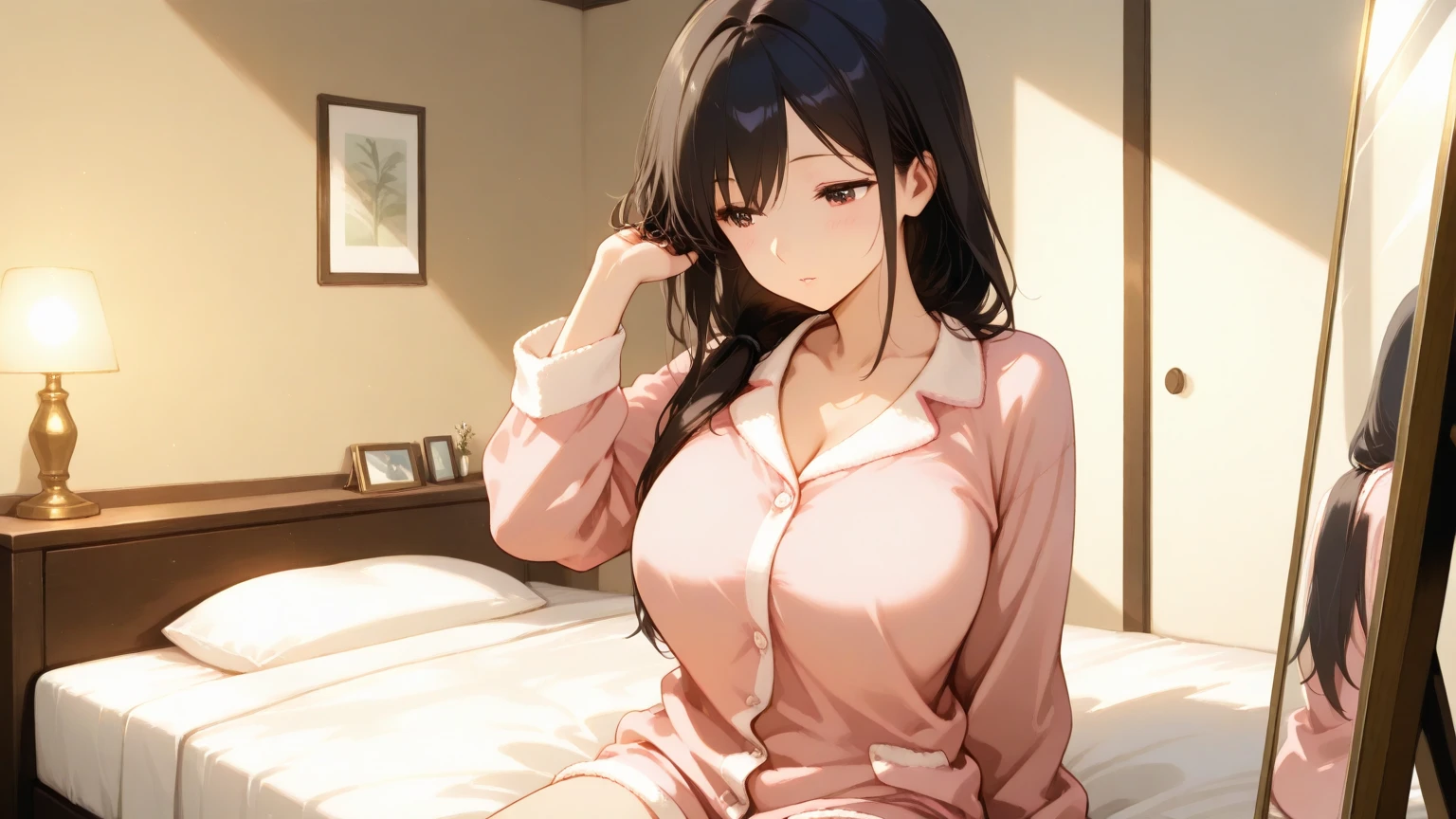 アニメの sitting on a bed in a white robe, seductive アニメの,I'm donating blood,This is a hospital room