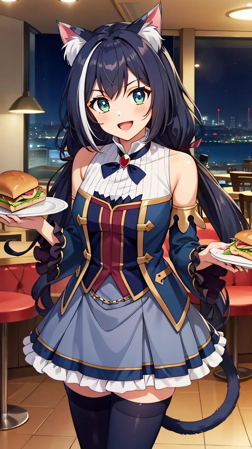 {{{masterpiece}}}, (best quality:1.5), (ultra-detailed:1.5), {illustration}, {{an extremely delicate and beautiful}}, (beautiful detailed eyes:1.6), absurdres, highres, extremely detailed face, 16k, hd, visual anime de uma jovem mulher, extremamente bonito rosto de anime, anime melhor garota, (perfect hands, perfect anatomy), (five fingers:1.1), anime face, Karyl(priconne), 1girl, solo, cute face, (karyldefault:1.3), animal ear, black hair, long hair, low twintails, purple hair bow, multicolored hair, streaked hair, vertical stripes, white hair, cat ears, cat girl, cat tail, green eyes, medium breasts, big hips, curvaceous, BREAK, (Tailcoat:1.2), (Navy Blue jacket:1.5), Long hem, arm support, bare shoulders, (Navy Blue sleeves:1.5), red bustier, black ribbon(red brooch), detached sleeves, dress, frilled sleeves, wide sleeves, neck ribbon, sleeveless, sleeveless dress, wallet chain(red gem), purple frilled skirt, white pannier, black thighhighs, brown boots, thighs, zettai ryouiki, BREAK, standing, open mouth, flushed cheeks, sorriso alegre, smiling, visual anime de uma jovem mulher, extremamente bonito rosto de anime, anime melhor garota, indoor, night, MidcenturyNightclub, waitress, waiter, carrying sandwich on tray, sandwich, dancing, fluttering skirt