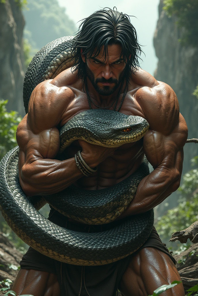 (8k,photorrealistic　RAW photograph　Maximum quality;1.4) (1 Korean) Super handsome king of the underworld　(lifelike face) 　(Beautiful and stylish hair,  medium hair in the wind)　slenderbody　Muscular and virile masculine　big green eyes　cobra scale suit　Cave decoration　Fangs peeking out of the mouth　Pointed claws　a seductive gaze　Beautiful expression　A hyper-realistic　(King of the Underworld)　appealing　(real looking snake skin)　super high resolution　high detail with just towels 　Aura of white light emanating from the body　very sexy effect 