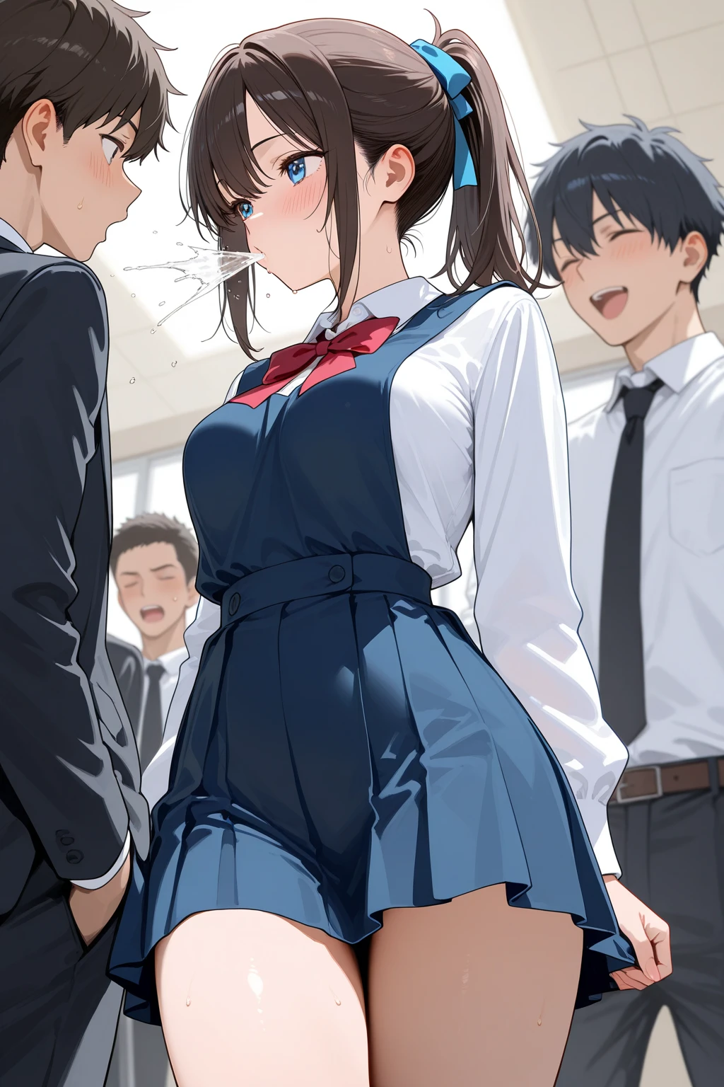 man giving another girl a while some other man is trying to steal her skirt, train interior, molestation, 1girl, ((((arms behind body)))),arms grab,chikan, school uniform, hetero, multiple boys, ((((old mans)))),blush, fingering pussy, public indecency, ((((((from side)))))),((hand in panties))