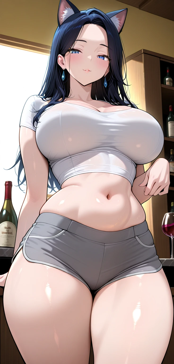 art by kipteitei, 1girl, laying down on couch, white crop top, massive jiggly round belly, black trousers, unbuttoned trousers, liquor bottles laying around the couch, huffing expression, chubby (best quality, masterpiece)