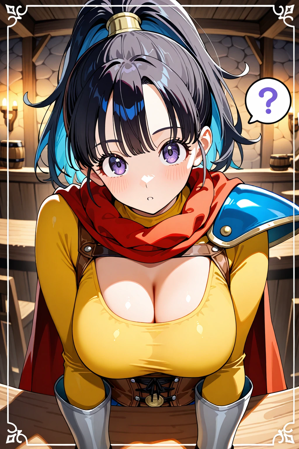 upper body,((close up head)),(from above),{{embarrassed smile}},{{trembling}},((trouble smile face)), sbg,
((faceless 1boy grabbing another’s breast)), breast grab, arms up,
Surprised,Open your mouth,
broken (dq3),Female Warrior,((Highest quality)), ((masterpiece)),(detailed),High resolution,Sharp focus,Perfect Face,{best illustration},(complete anatomy),
(非常にdetailed CG unity 8k wallpaper),(((Vibrant colors))),Official Art,dq3,One girl,short hair,
shiny 肌,very shiny 肌,Shiny body,plastic glitter 肌,exaggerated shiny 肌,illuminated skin,
((detailedなボディ)),(detailedな顔)), cute,Lewd,erotic,Bold,Camel Toe,(erection of nipple),
Muscular,Perfect Fingers,Beautiful fine details,Symmetrical eyes,
Brown Hair,blue eyes,Gold circlet with blue jewel,Big Breasts,Cleavage,pubic hair,
Strapless,Blue clothes,Purple Cape,Knee socks,gloves,boots,belt,sheath,肘用gloves, 革のboots, 革のbelt,
medieval interior,(European Taverns),indoor,fireplace,pot,Wine Bottle,Sake barrel,Antique furniture,Warm lighting,Ancient Magic Map,
lamp,後ろには木製のテーブルとfireplaceがあります, Medieval atmosphere,