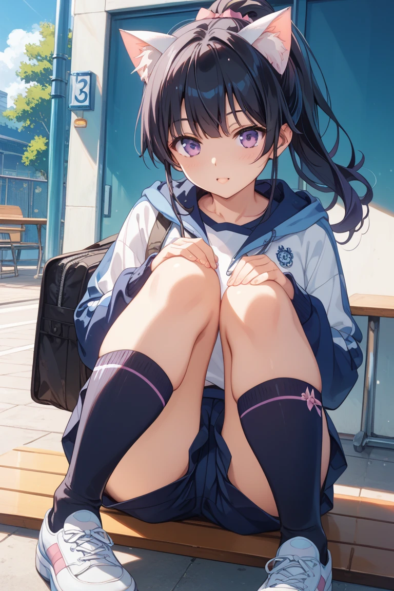 Masterpiece to the smallest detail、top-quality、1girl in、独奏、Looks like a 5-year-old、140cm petite beautiful girl、small tits、5 year old baby face、red hairs、Gradient Bob Forward、Pink and purple mesh、tall, Big eyes、Outstanding looks、A lovely child、proximity、Closed_Mouth、A smile、red blush、full of shyness、blue headwear、Hats、pink bowtie、校服、 Blue jacket、jaket、skirt by the、Gray skirt shirt、white shirt、an legs、Black socks、sitting on、Classroom、hair_ornament detached、up looking_で_viewer、beatiful detailed eyes、Akame、panties on、lift up one's skirt、Professional effects、