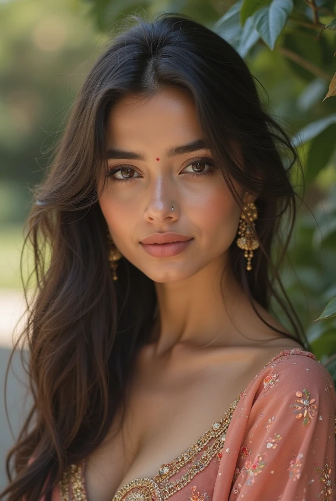 perfect pink eyes, fantastic face, Indian, beautiful look, ((red lips, bright eyes, curve heir 1.5)), ((beautiful details very big breast )), (Straight round and ultra huge clevage, not sagging breast), A glorious gorgeous, glorious gorgeous face, pretty face, bright eyes, detailed elegant printed red saree, updo elegant hair, blurred gray tones background, ultra focus, face ilumined, face detailed, 8k resolution, painted, dry brush, brush strokes, razumov style and garmash style, by Tokaito, (fluorescent colours:1.4),(semi transparent:1.4),(retro filters:1.4),(fanciful:1.4),Candy World Disneyland Ethereal Soft Fluffy Soft Landscape Forest Snowflake Pale Pink Sky Green Blue Sparkling Ethereal Light Soft Whimsical Light Rainbow Stars Diamond Sparkle Gemstone Background Ultra Realistic Ultra High Quality Cinematic Lighting Huge Details Full HD Painting Plenty of light,diagonal bangs, Dress with collar,side masterpiece, best qualityer,realskin,(sportrait:1.5), 1girll, bluntbangs, long whitr hair,