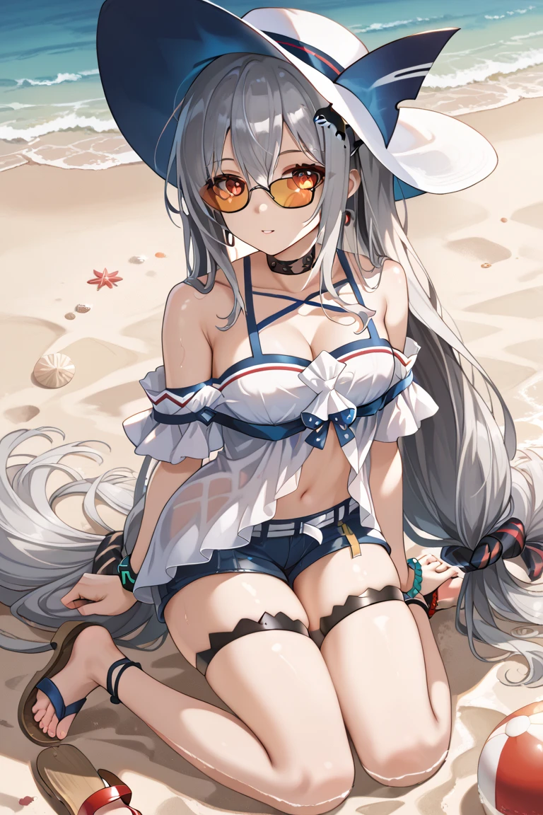 cutesexyrobutts style, 1girl, alsace (azur lane), breasts, swimsuit, solo, bikini, flower, large_breasts, hair_flower, outdoors, blue_eyes, long_hair, white_bikini, hair_ornament, navel, food, popsicle, necktie, looking_at_viewer, blush, day, wading, sky, detached_collar, holding, very_long_hair, open_mouth, water, cloud, stomach, bangs, blue_necktie, breasts_apart, ribbon, hair_ribbon, blue_sky, thigh_gap, dutch_angle, cowboy_shot, wet, holding_food