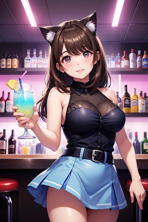 (masterpiece, top quality, detailed drawing, beautiful hair, beautiful eyes, perfect face, perfect ???????, nsfw), crowded bar, short twin tails hair, black hair, very baby face, droopy eyes, heterochromia, pink eye, orange eye, (very huge breasts), height 145cm, 13 year old girl wearing big bunny ears, smiling and carrying drinks , (((very very tight and very very minimum bunny-girl outfit, very very sexy))), smiling and serving drinks