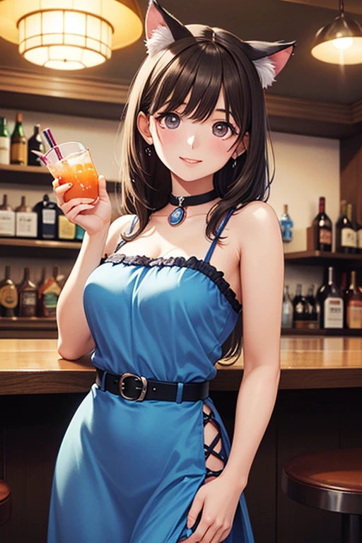 1lady solo, mature female, /(pencil dress/) /(blue dress/) necklace, /(brown hair/) bangs, blush kind smile, (masterpiece best quality:1.2) delicate illustration ultra-detailed, large breast, arms down, /(bar counter night/)