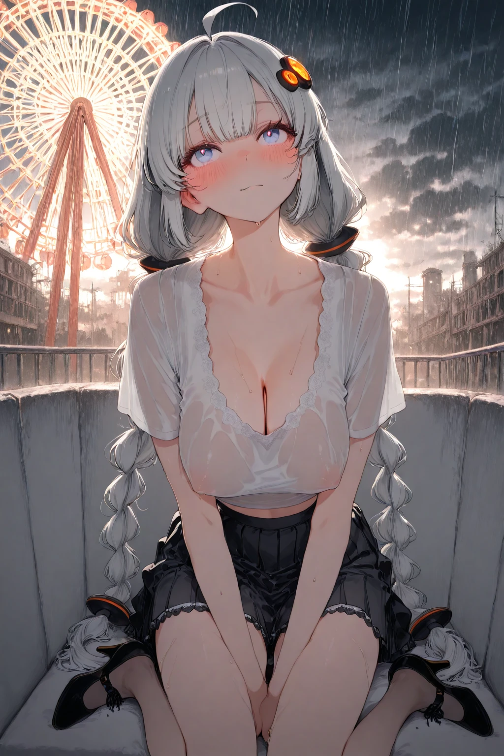 woman１people、非常に長い黒髪のwoman、Spectacular views、Night Scene、The view from a high floor of a tower apartment、Full moon night sky、swirling starry sky、８K、Best Quality、The whole body is in the photo、Like the night view of Tokyo、womanはミニスカートで股間が見えている、She is wearing white panties with beige floral embroidery.、Being blindfolded、His hands are tied behind his head、The cleavage is visible、womanは巨乳、Large ??????、The color of the ?????? is pink beige、Knees up、He has an excited face、Drooling、My crotch is wet、The labia majora protrude
