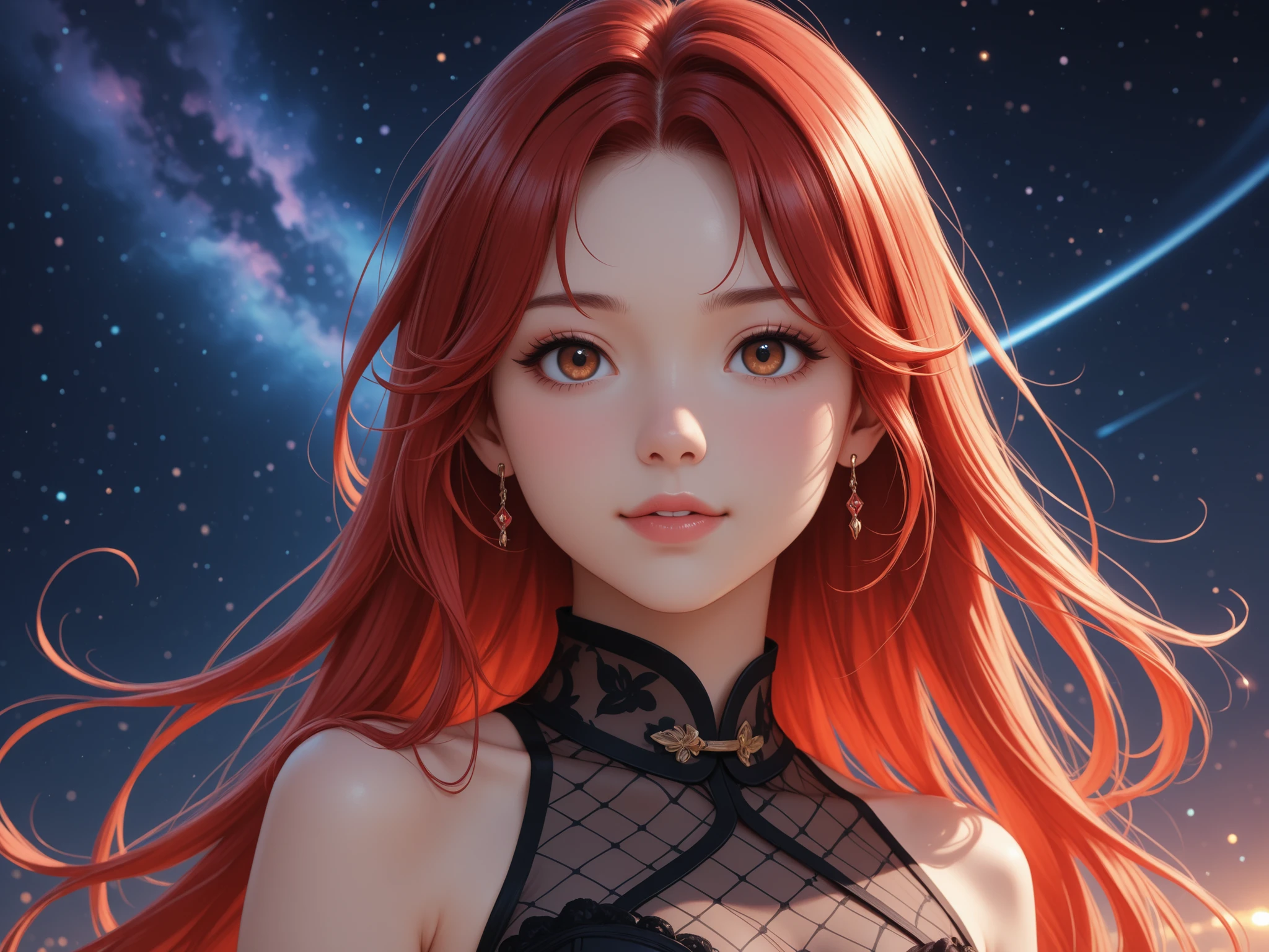 (best quality,4k,8k,highres,masterpiece:1.2),illustration,oil painting,(high-quality:1.1),extremely detailed and realistic face,HDR,vibrant colors,natural lighting,(1girl),long flowing auburn wavy hair,golden eyes,(evening dress),underwater,submerged in water at night,stars,bright and colorful moon,nude