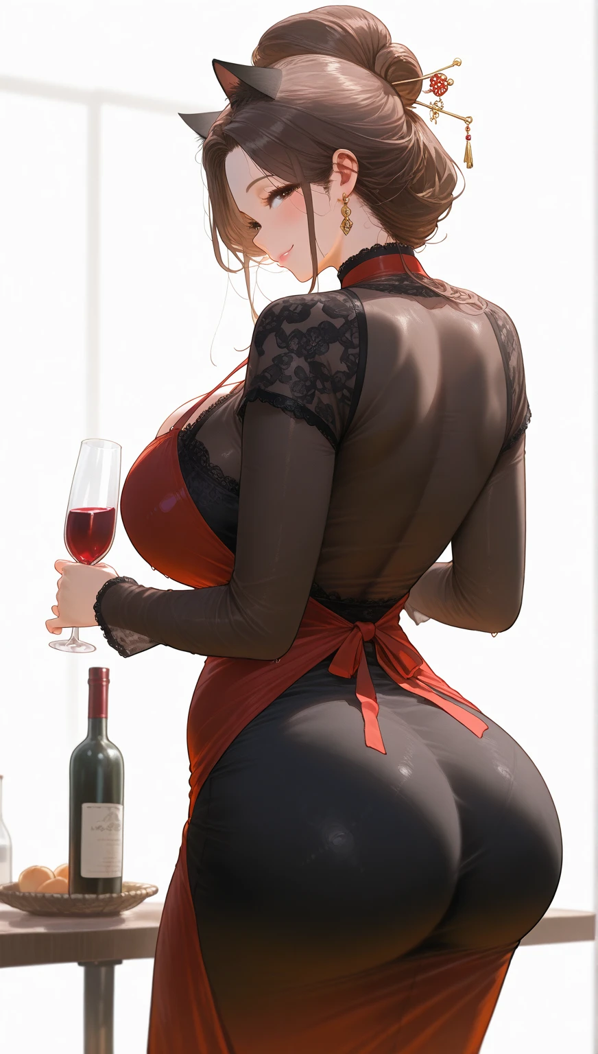 1lady solo, /(looking back from behind/), mature female, /(burgundy pencil dress/), /(brown hair/) bangs, blush kind smile, (masterpiece best quality:1.2) delicate illustration ultra-detailed, arms down, thigh, /(bar counter night/), (huge ass:1.3), orgasm, horny, mischievous, wide excited eyes, exposed ass, dress split in back