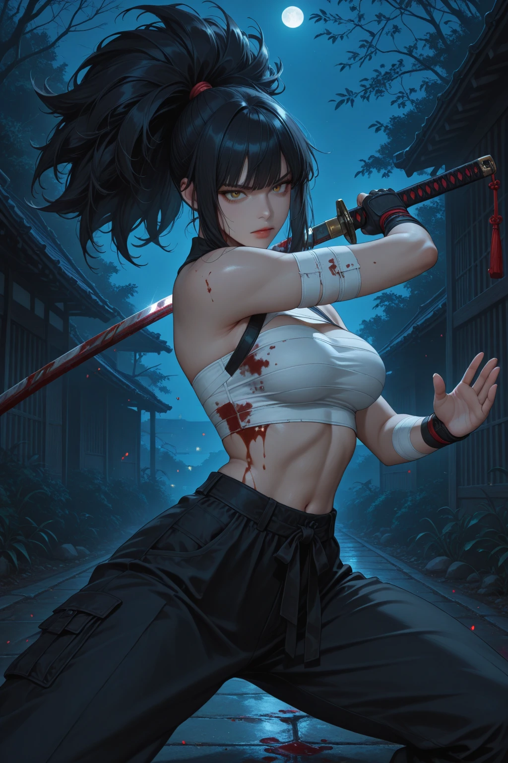 1 girl, sexy, beautiful samurai, katana, samurai, muscular abs, navel, fantasy, sensual, cropped corset goth top, mini skirt, beautiful asian goth girl, sexy, deep navel, heavy goth makeup, armpit, fighting, sweaty skin, blood, wounded, undead, red blood, horror, goth horror, samurai, near death, injured, tired, goth horror, horror, haunted, dripping blood, blood painted skin, blood all over the place, lay down on ground, wet skin, black eyes, red eyes, eyes hurt, navel pierced, blood in navel