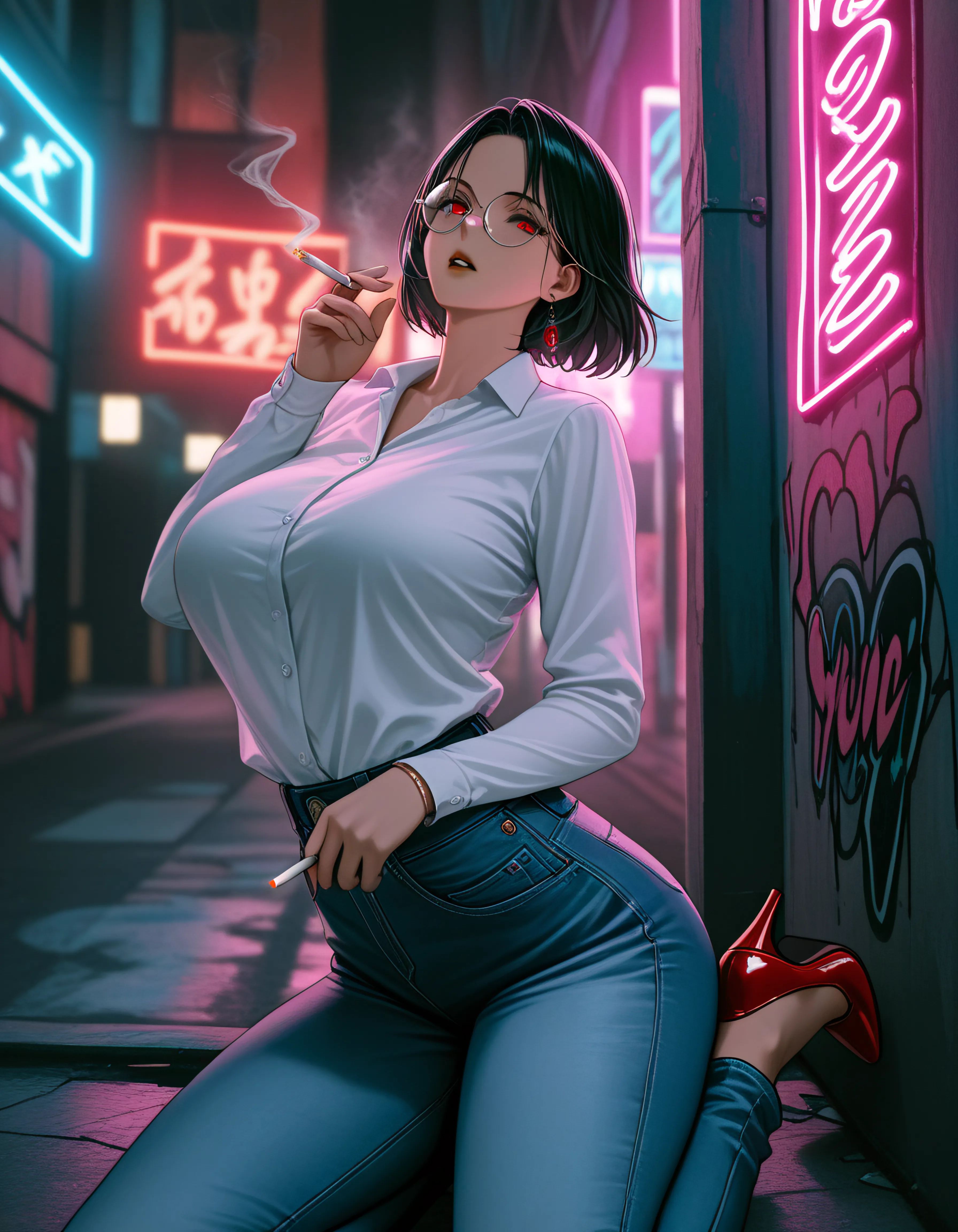 score_9, score_8_up, score_7_up, score_6_up, score_5_up, score_4_up, (view from front, seductive), high quality, best quality, masterpiece, thighs, bright blue detailed eyes, sexy Misato Katsuragi posing, neo tokyo well lit highrise building, filled with neon signs, (perfect big breasts), well lit by red neon lights, (see-through, see-through breasts), ponytail, (translucid)