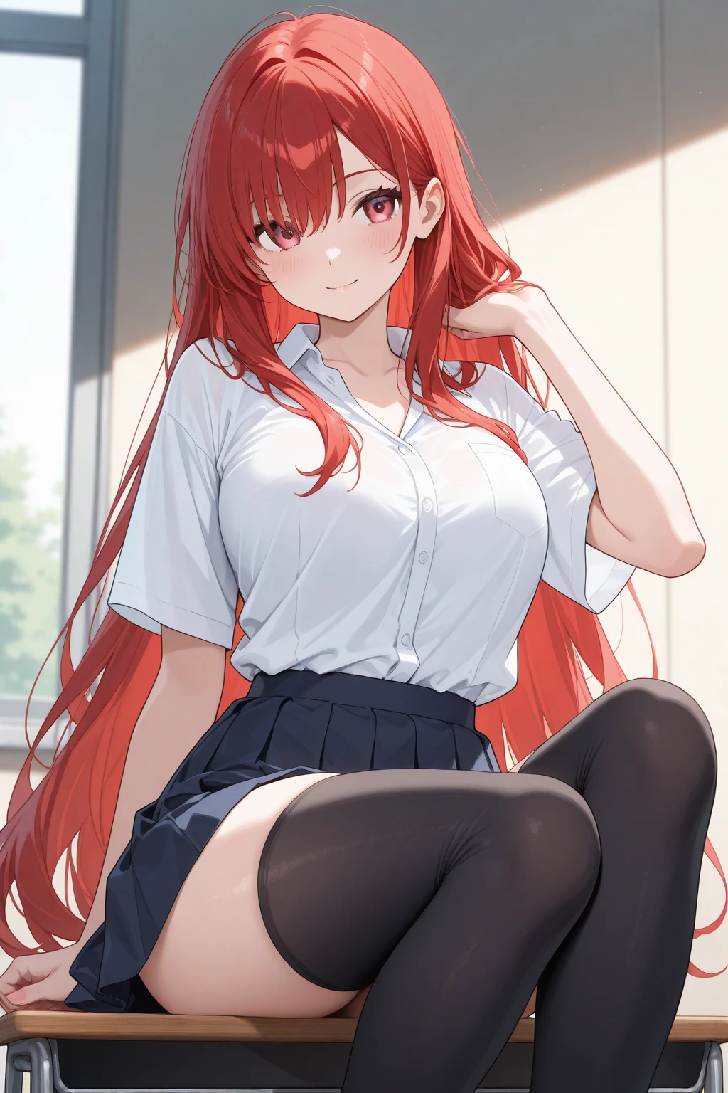 Stella Vermillion, Stella Vermillion, hair between eye, Hair intake, Hair Ribbon, Long hair, (Red Eyes:1.5), Red hair, two side up, Yellow Ribbon,Blake Black Choker, Choker, emblem, Neck ribbon, Plaid, Puffy Short Sleeves, Puffy sleeves, Purple Ribbon, Red hair, bow ribbon, School uniform, Shirt, Short sleeves, Skirt, thighs thighs thighs thighs, White shirt, White skirt,BREAK looking at viewer,,Romper (masutepiece:1.2), Best Quality, High resolution, Unity 8k壁纸, (Illustration:0.8), (Beautiful detailed eyes:1.6), extra detailed face, Perfect Lighting, extremely details CG, (Perfect hands, Perfect Anatomy),Naughty big、A smile、,(black panties:1.3)、(Fully exposed panties:1.5)、(Squatting:1.3)、plein air、outside of house、(black thighhighs:1.3)