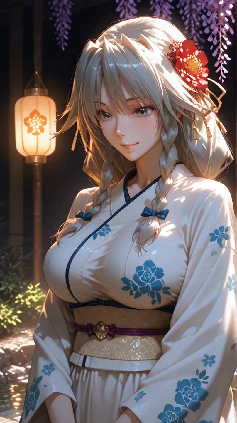 (Top Quality, High Resolution, Masterpiece, 4K), (soft light, shiny hair, beautiful eyes), young woman, full body view, lovely smile, ((long wavy hair, bangs, light colored hair)), ((greedy eyes, glay eyes, perfect eyes)), ((detailed face, blush:1.1)), (( Smooth texture:0.75, Realistic texture:0.65, Realistic:1.1, Animated CG style)), Large breasts, cleavage, seductive body, (dark color Japanese yukata, perfect detail yukata), Pretty necklace, cute earrings, (coming down big stairs in night park),light on face, hand in own hair, showing chest with smiling , from below++, gesture of hair tied back with both hands, dynamic pose,Look up at the fireworks