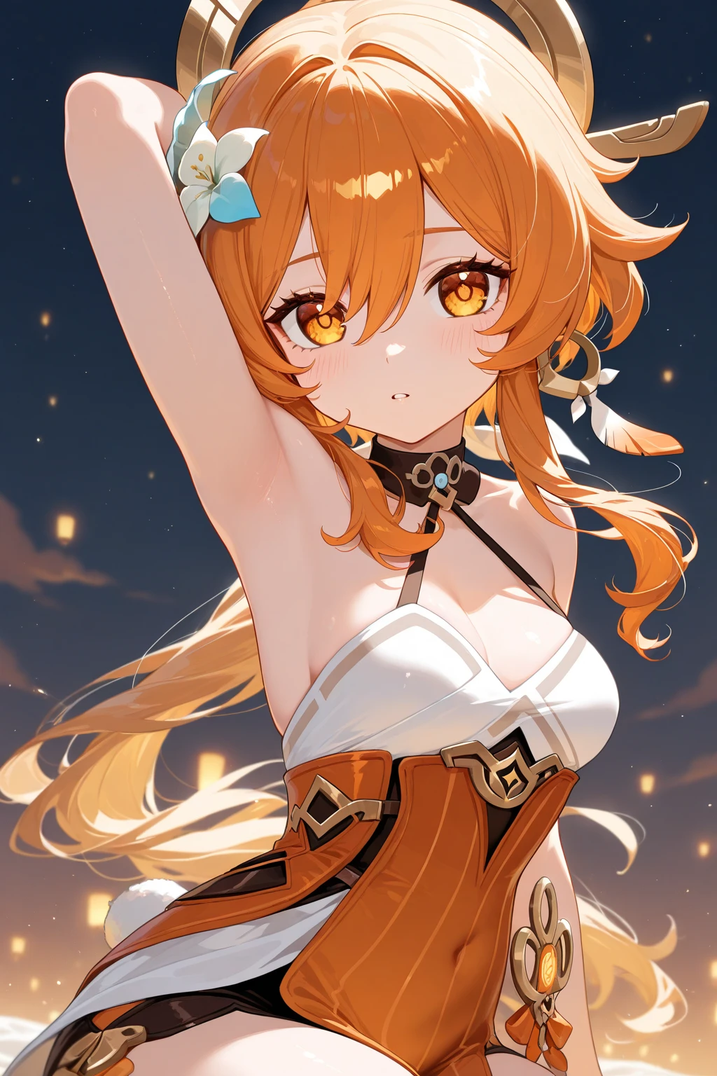 A fleeting girl with a black ribbon on her side ponytail, orange eyes, bust c, blue dancer costume is sleeveless and her chest is insisted on her chest, black heel