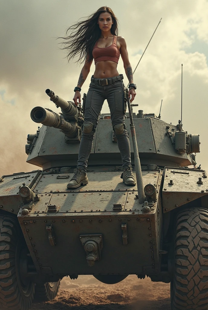 Gere uma imagem da personagem Mara, also known as 'Mara Death Dealer', do jogo Call of Duty: Guerra moderna. corpo inteiro, fisionomia cruel, micro bikini battle uniform, cor vermelha e preta, detalhes em ouro, na praia, sol poente, palmeiras, corpo escultural, flowing hair, metralhadoras, pistolas, fuzil AK-47, Granadas, gold accessories)) standing on a tank