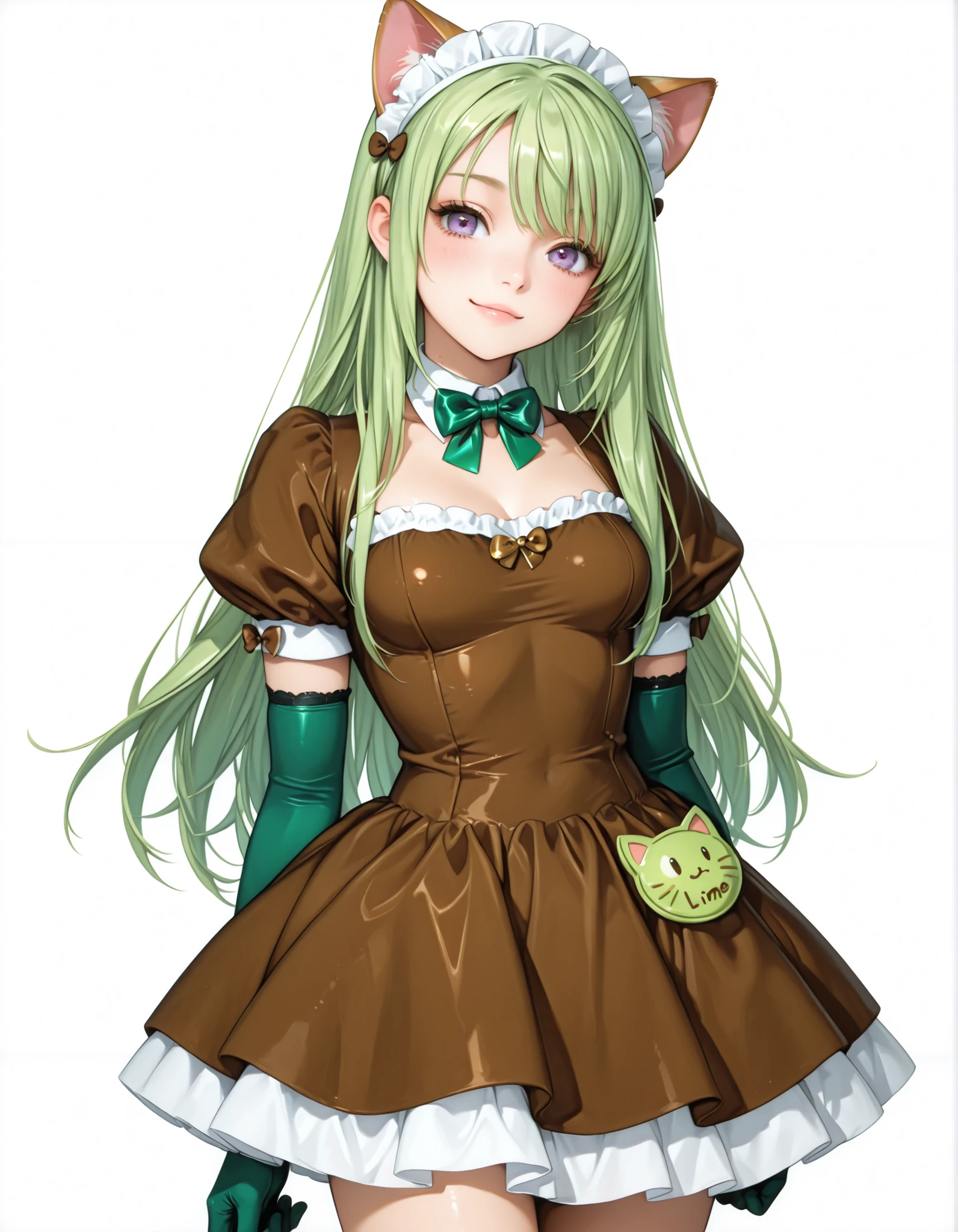 Cat Ear Maid,brown mini maid dress, Lime Green Hair, Lime green bow tie,LIME GREEN GLOVES,I'm looking here,tilt your neck slightly and smile
