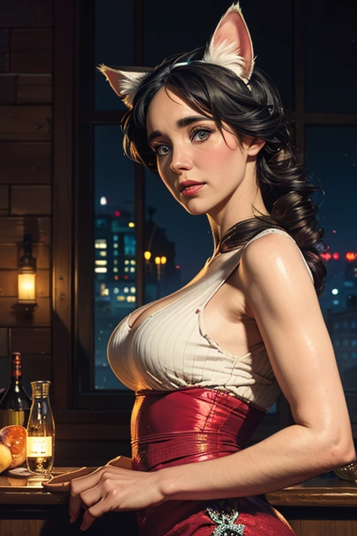 Beautiful woman with short brown hair, blue eyes, athletic body, slightly large breasts, peasant dress , rota desgarrada y sucia corriendo aterrada en ciudad de noche rodeada de zombies