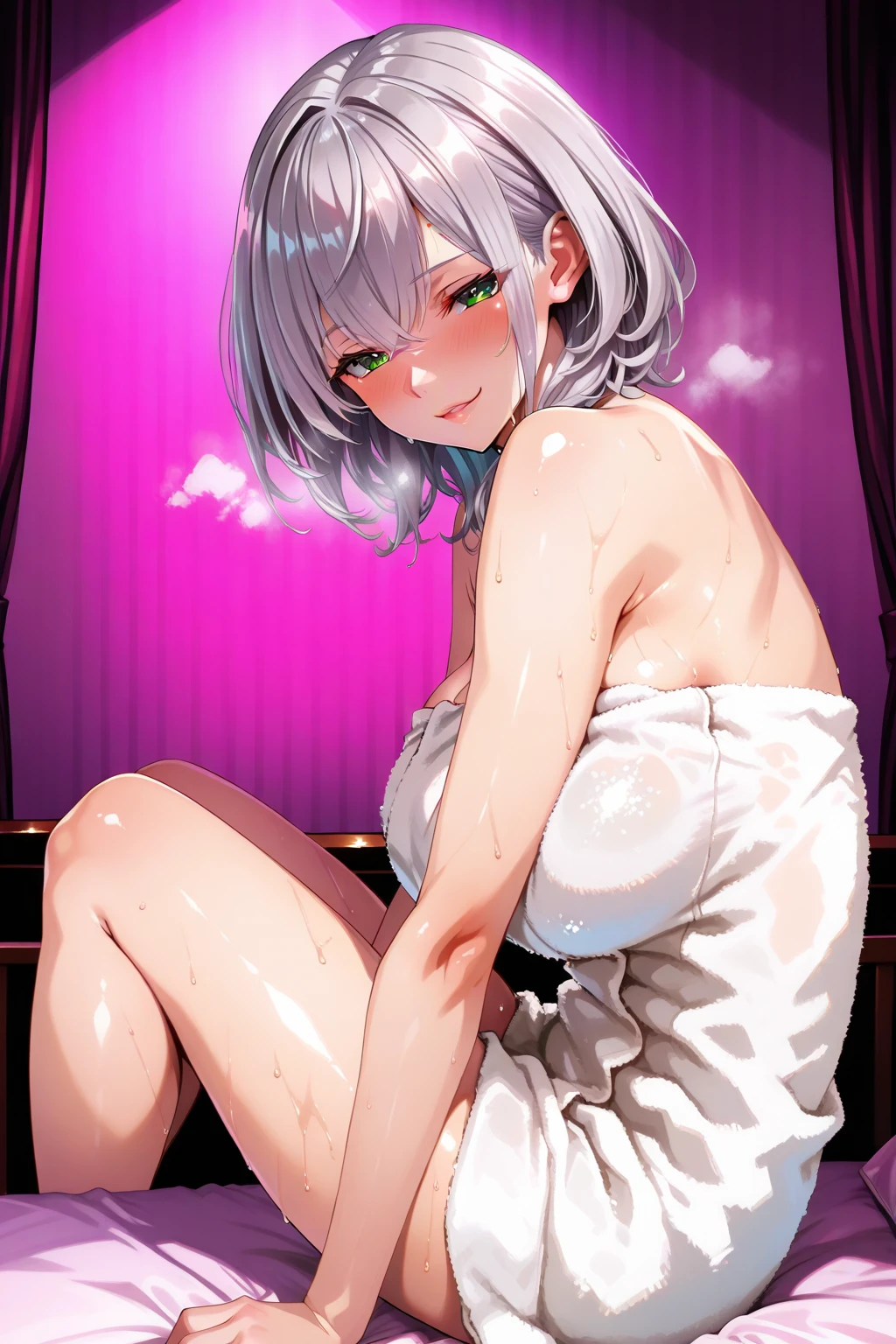 nsfw,1girl,pale hair,yellow eyes,pale eyes,masterpiece,best quality,very aesthetic,absurdres,(front view),(purple colors),(breast),body,(shoulder),(Steamy),(nude),(Thighs),Legs apart,寝そべり