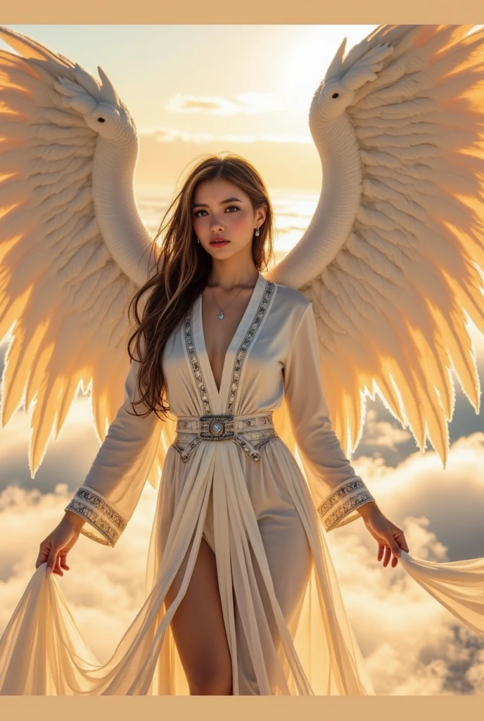 Very beautiful woman angel, Spanish flag themed costumes, Big angel wings, Standing in front of the Sagrada Familia