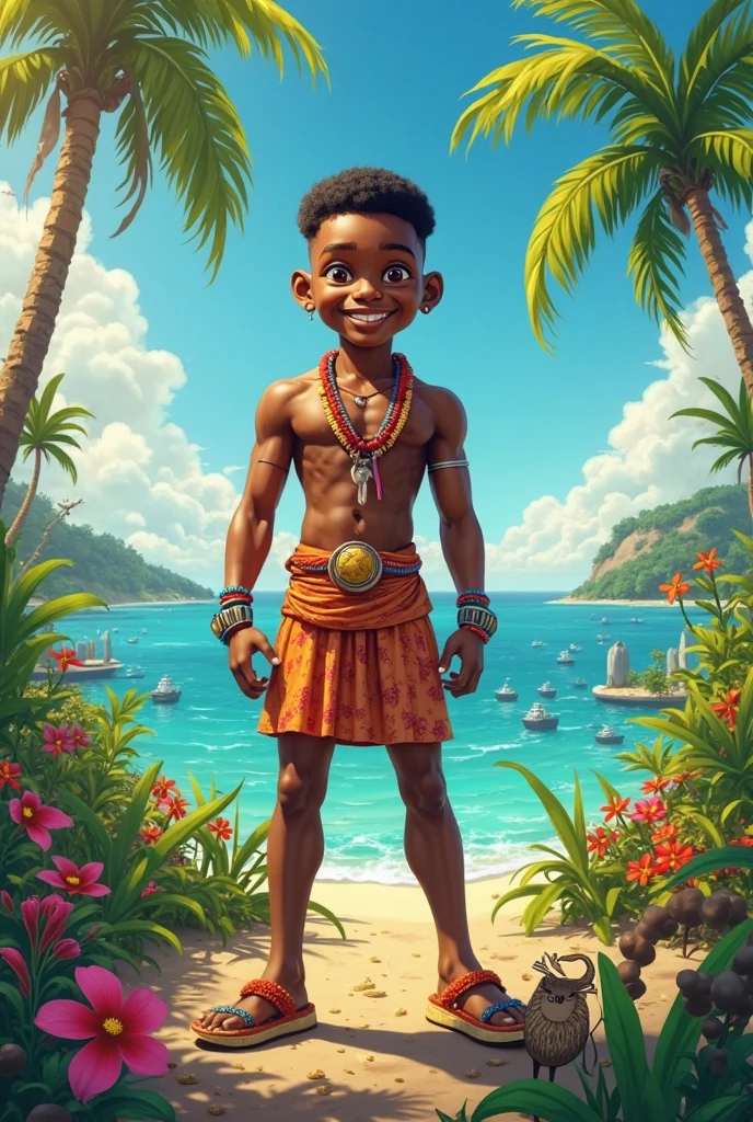 African boy in slum.thin figure,Emaciated figure,A little bit of abdominal muscle contouring,skin glow, nude, penis, ballany people,African tribes,beach background,people coming and going.