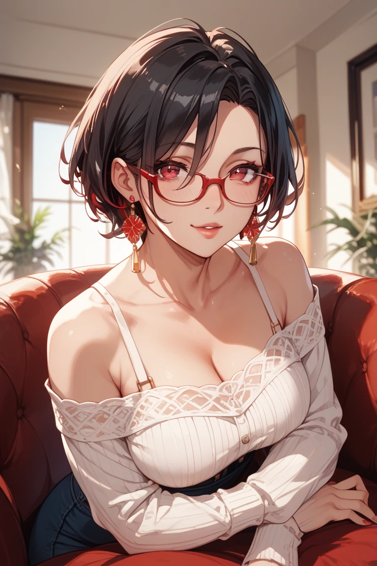 A beautiful mature gothic woman with a short wolf-like haircut, wearing a simple black saree, long chain earrings, detailed alluring eyes, smooth detailed lips, a beautiful face with a slight smile, red lipstick, bangles, saggy breasts, a navel piercing, a long necklace, and henna-decorated hands. The image is photorealistic, 8K resolution, with hyperdetailed and vibrant colors, studio lighting, masterpiece quality, cinematic composition, dramatic lighting, intricate details, highly realistic skin textures, volumetric lighting, beautiful intricate jewelry, a warm color palette, natural lighting, an elegant pose, a beautiful detailed expression, hyper realistic rendering, seamless blending, flawless skin, glowing skin, delicate features, breathtaking realism, and a striking composition, showing a full body view with cleavage, aesthetic glasses