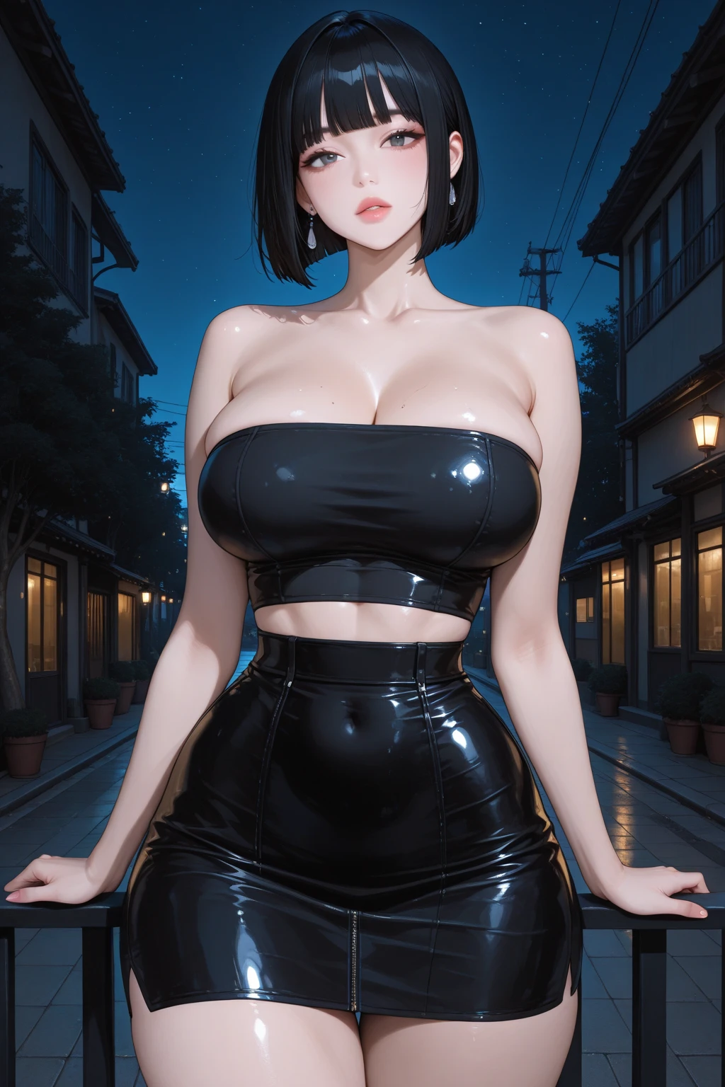 Woman, sexy pose, big breasts, sexy dress, black air, short Classy and Sophisticated hair