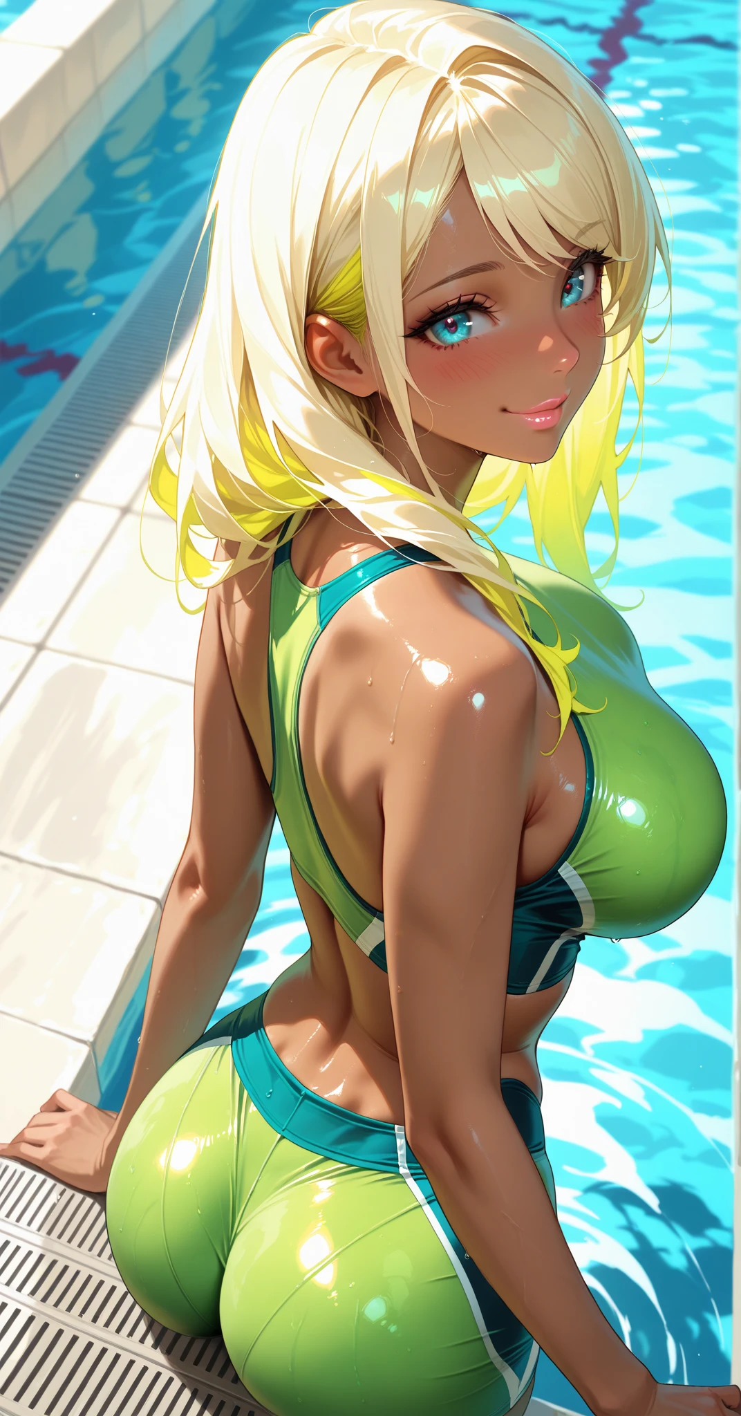 top-quality、​masterpiece、(Beautiful shiny blonde hair)、(blue eyess)、Cute Caucasian Woman、(Beautiful smile:1.3)、Full body like、(Wet and transparent green leotard:1.5)、beautiful fairy-like woman、(Elven ears)
