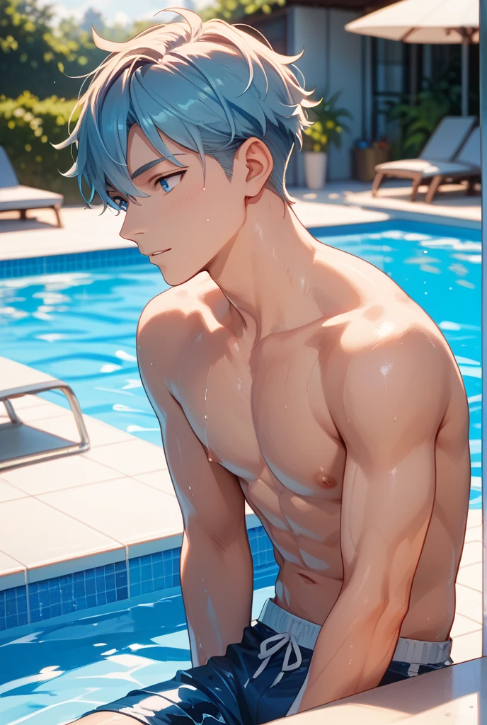 masterpiece, best quality, high quality,  1boy,10yo,, male focus, full body, looking at viewer, white blue hair,spiky hairstyle, short hair, steam smork, japan style,  anime coloring, crying, home muji style, detailed face, topless, white towel on waist,finely eye and detailed face,bulge, onsen japanese style