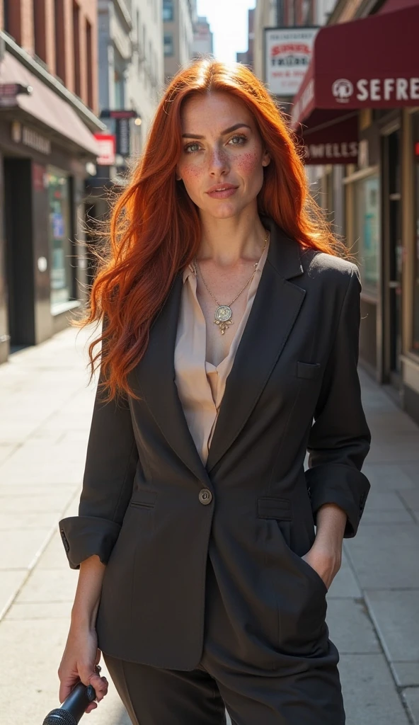 redheaded woman walking out of the doors of a music recording studio,with luxury glasses and luxury clothes