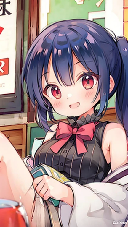 masterpiece、highest quality、highest quality、Accurate the human body、Accurate、Elaborate、masterpiece、Every detail of the face、Long-tailed, Dark Skin, Woman with dark skin, Side Ponytail, hair ornaments, Hair Clip, White shirt, Bra visible through clothes, Chest pocket, Black choker, Blue tie, Purple scrunchie, bracelet, Blue pleated mini skirt, Thigh straps, Detailed Background, whole body, Detailed Background, Leaning forward, alone,Big cleavage、(Super big boobs、Sweat vapor:1.5、Oily skin:1.3)、((Many words:1.6、Many heartfelt voices:1.6))、Cute pose、Grin、Mesgaquismiles:1.2、The beauty of the eight-headed、Mature adult woman、Absolutely safe、Small face、Beautiful Girlfriend、(Exclamation mark, Moaning, Many Hearts,Voice of the Heart, Comic Strip, (Moving lines, Motion Blur, Shaking violently:0.5)、big heart speech bubble, (Japan's downtown:1.5、Japan's entertainment districts:1.5、Kabukicho:1.5, Outdoor:1.5, night:1.8)