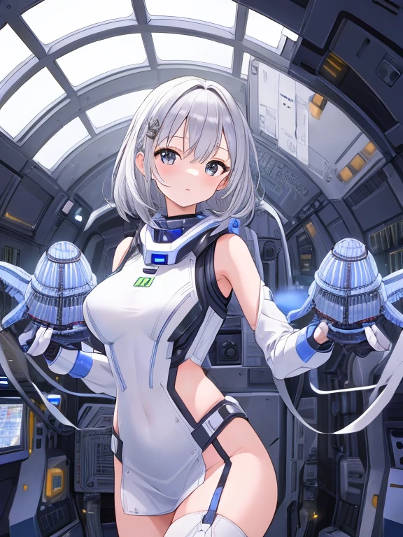 ((masterpiece:1.4、highest quality))+、(super detailed)+、
1 girl、cyberpunk city、flat chest、wavy hair、mecha clothes、(robot girl)、Cool move、Silver Bodysuit、Inside the space station、Spacecraft cabin)、Silver Dragon Armor、(cold face)、cowboy shot、pretty girl