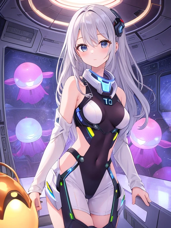 masterpiece, best quality, ultra detailed, anime style, 1girl, young, cute, medium long hair, bi color hair, black hair, white hair, gray eyes, (large breasts:0.01), tight suit, legs free, arms free, black and white suit, printed suit, futuristic room, neon light, warm, beautiful face, happy, cowboy shot, random pov,