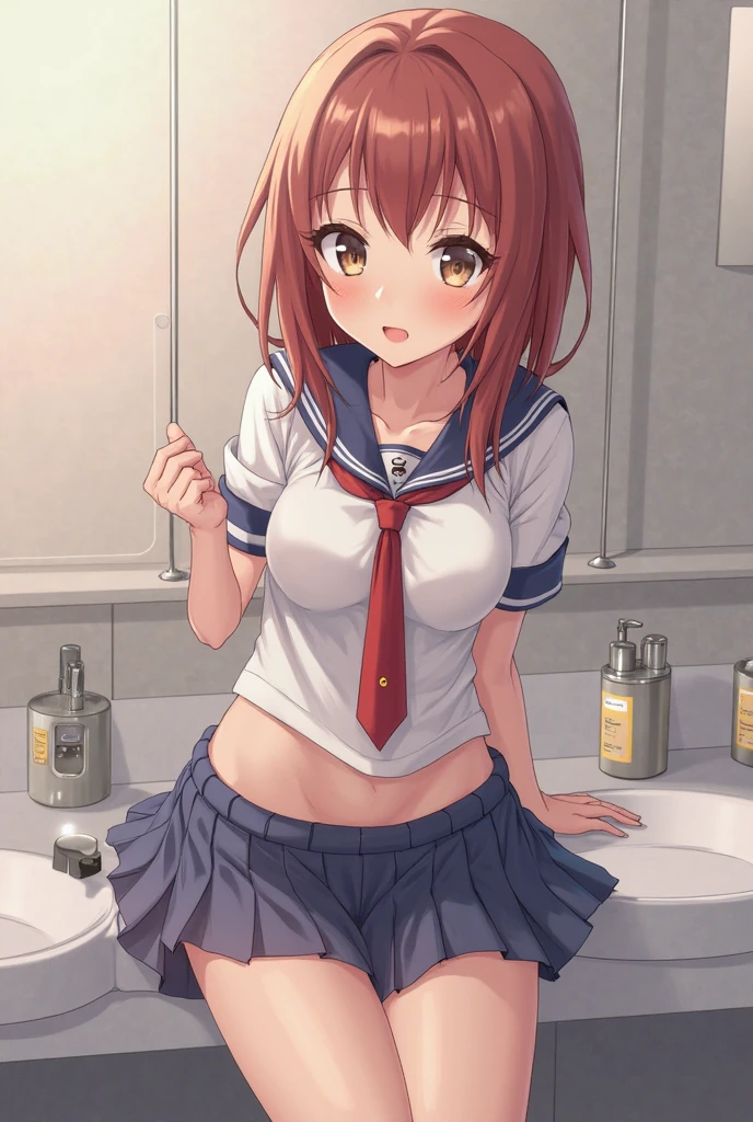 Highest quality, Super detailed, masterpiece, Ultra-high resolution, 8K, Embarrassing, blush, Lovely, Close one eye, With tears in her eyes and her mouth open, drooling, (arms behind head), wariza, (off-shoulder sailor uniform, micro mini skirt), cleavage out, crop top navel, (1girl, kurusu kanako, ore no imouto ga konna ni kawaii wake ga nai), medium breasts, Absolute area, Waistline, (Shower room, I take a shower)