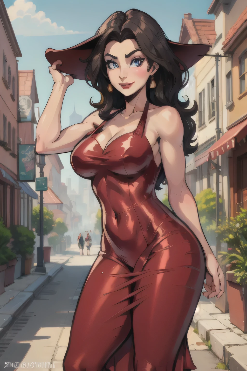 score_9, score_7_up, 1girl, solo, pauline \(mario\), cleavage, red dress, light smile, depth of field, city, presenting, earrings, portrait, taut dress, sleeveless, fedora, red headwear