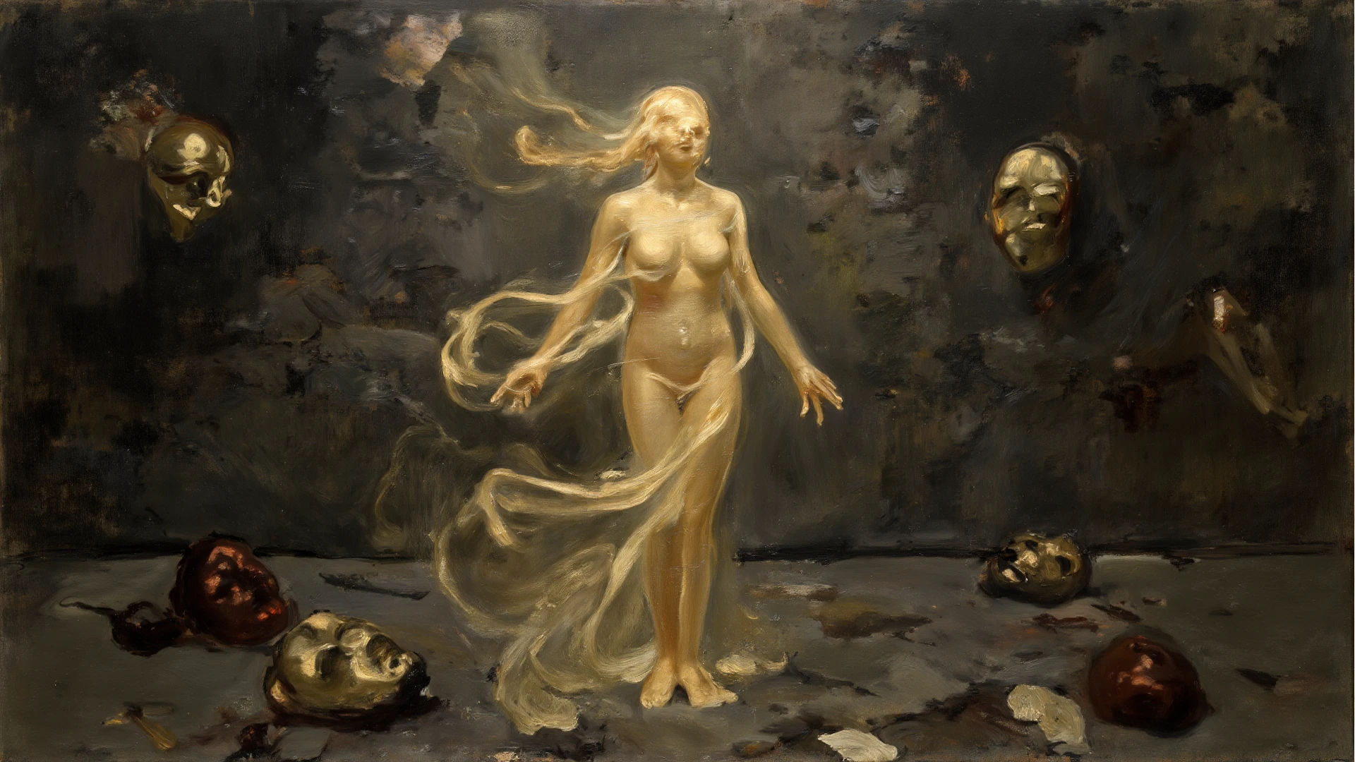 (body formed by galactic liquid mauevine and black metallic paint twisting into a beautiful interpretation of the female figure), au naturel,((complex galactic metallic colours in the foreground)), (( fluid mechanics, the loveliest smooth scale face makeup, smirky expression)) - red, black and gold, onyxia, metallic color palette g0s1