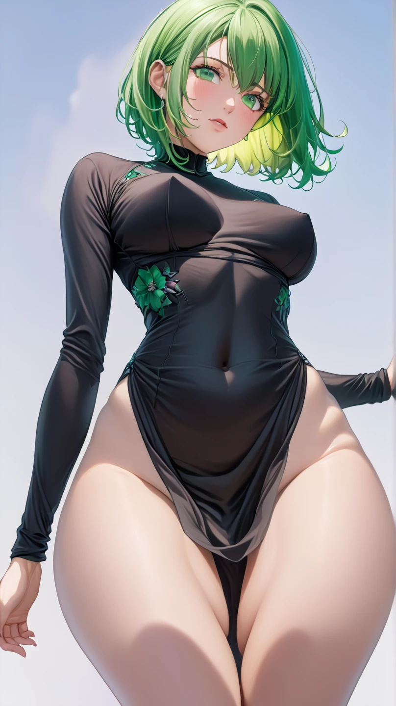 (masterpiece, best quality:1.2), alone, 1 woman, Tatsumaki, not fun, closed mouth, looking at viewer, touch one's face, seat, Spread your legs wide, Too short latex miniskirt, ((Pussy exposure)), (((Huge milk))), ((Nipples exposed))