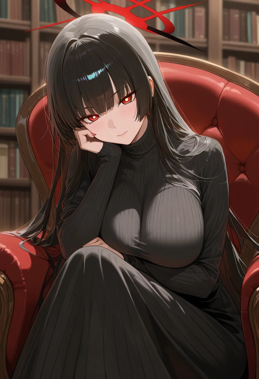 Chubby girl with black lipstick on her lips, Light aristocratic skin, Very sheer turtleneck with black lace top with neckline, black and red skirt with hanging chain, Brown curly hair, Brown eyes  (Best Quality)+, Masterpiece+ [(BST Quality)1.3, (hiquality)1.3]