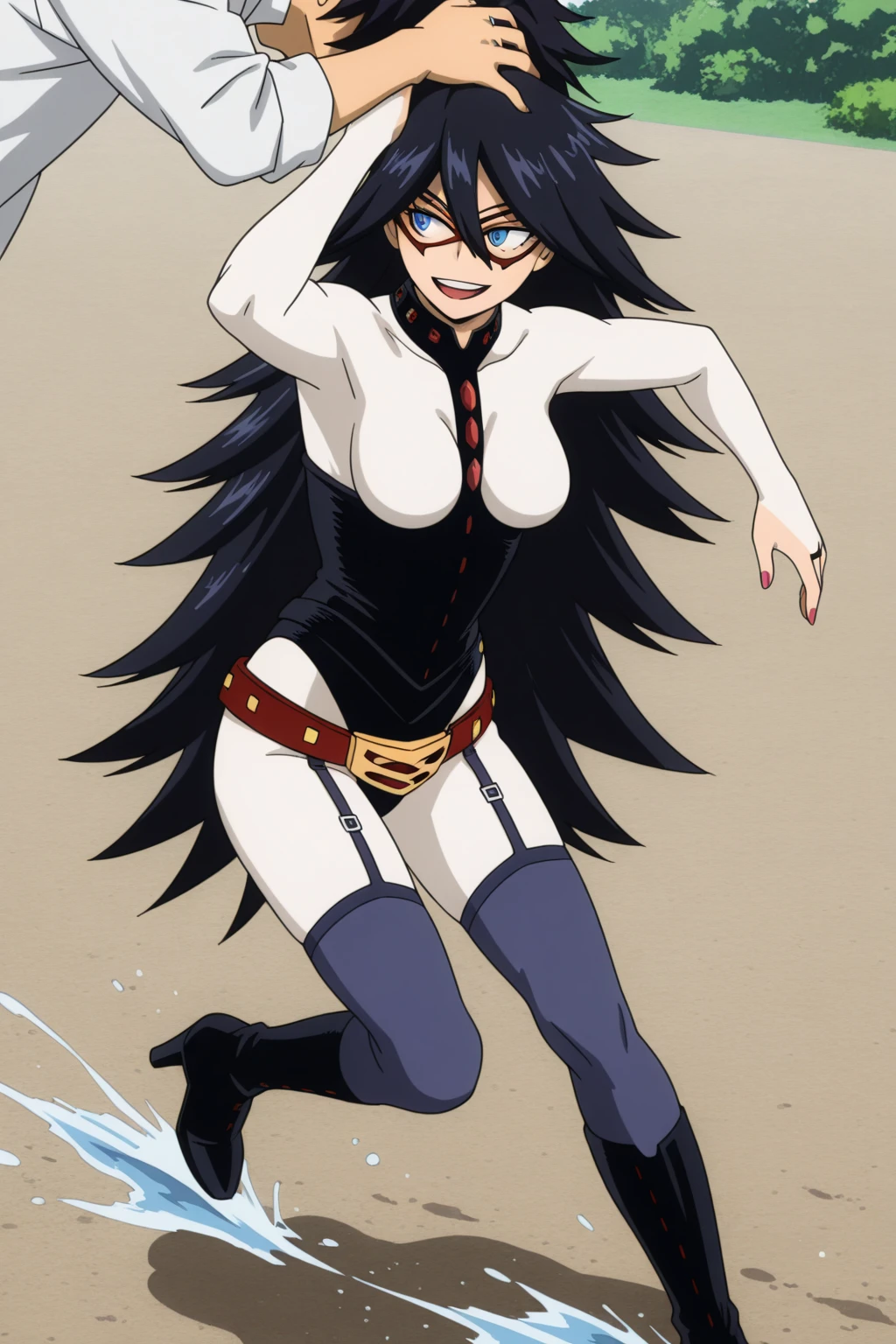 absurdres, masterpiece, best quality, very aesthetic, 1girl, m1dn, black hair, very long hair, blue eyes, mask, , leotard, belt, thighhighs, garter straps, boots, high-heel boots, leg up, sitting, arms behind head, looking at viewer, smile, parted lips, half-closed eyes, indoors, anime screencap, solo, <lora:Midnight-My_Hero_Academia-ilibibu-IL-v1:1>