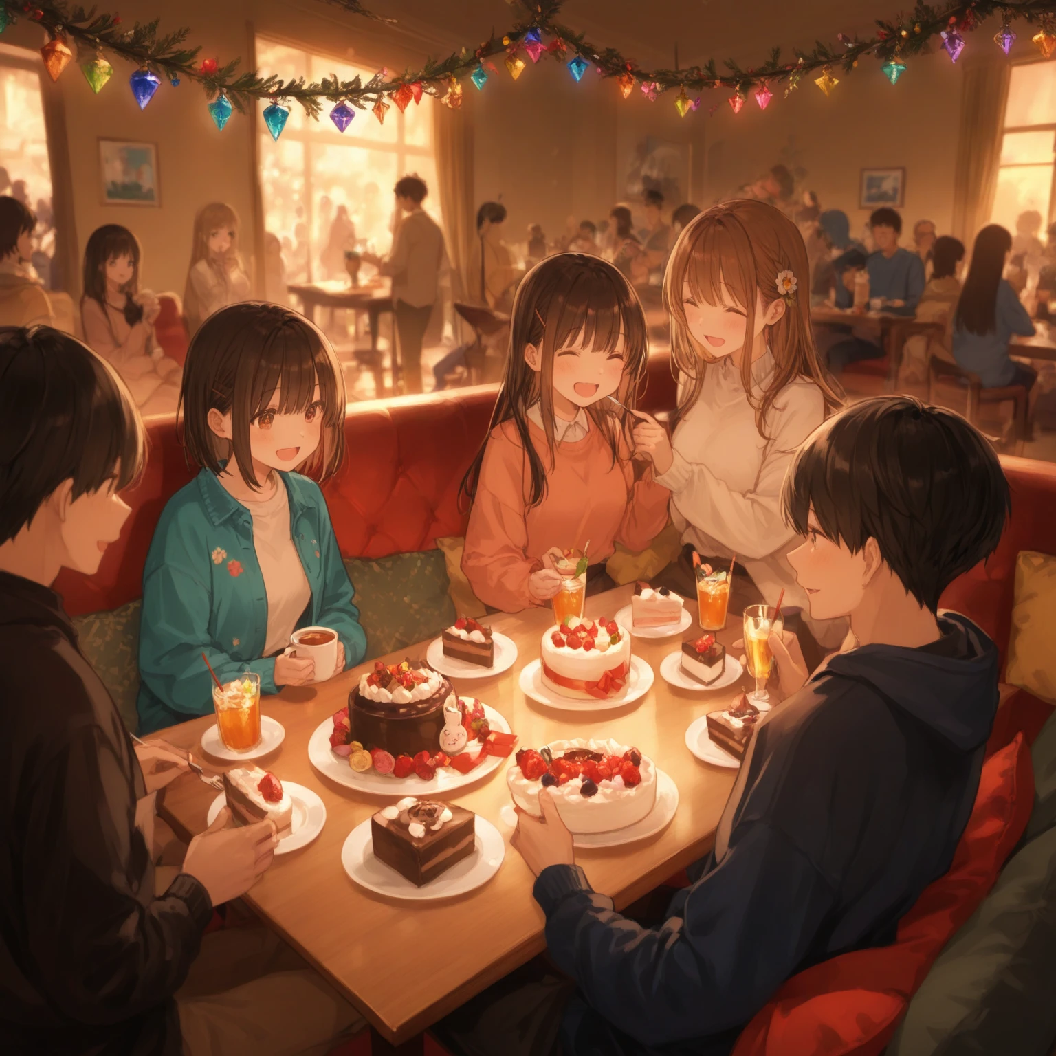 This artwork depicts a birthday party where people sit around tables and enjoy good food and joy. The table was filled with sumptuous food and drinks with cakes, fruits, desserts and wines. Everyone had smiles on their faces, talking to each other and blessing each other. The birthday girl/birthday boy sits in the center of the table with a bouquet of carefully selected flowers and some birthday presents. Their faces showed expressions of contentment and joy, as if this moment was the best moment of life.
The color tone of the whole picture is mainly warm golden yellow, which makes people feel warm and happy. Balloons and streamers hang from the surrounding seats and walls, adding to the festive atmosphere. Every detail in the picture is full of delicacy and vividness, making the viewer feel as if they are in the scene and feel the joyful atmosphere of the birthday party.
This work makes people feel the warmth of friendship and family, but also shows the beauty and joy in life.