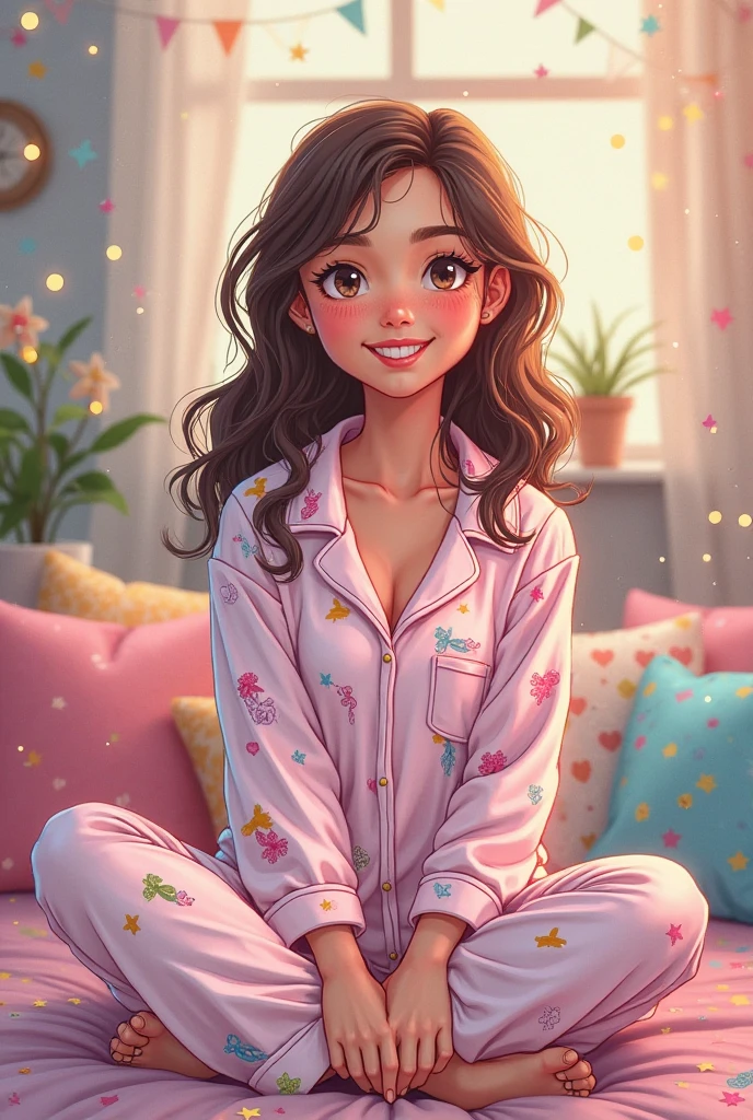 woman, adult age Mabel Pines, solo, long hair flowing in soft curls, brown hair, hairband adorned with a small, unique charm, wearing a cozy sweater, shy smile, cheeks slightly flushed with blush, full body shot, breasts subtly visible, showcasing a playful and endearing charm, detailed background bedroom, sunlight filtering through the window, a sense of whimsy and wonder pervading the scene. Highly detailed facial features, realistic skin texture, bright and expressive eyes, (((magenta sweater with a shooting star print))), purple lace panties, lying on back on bed