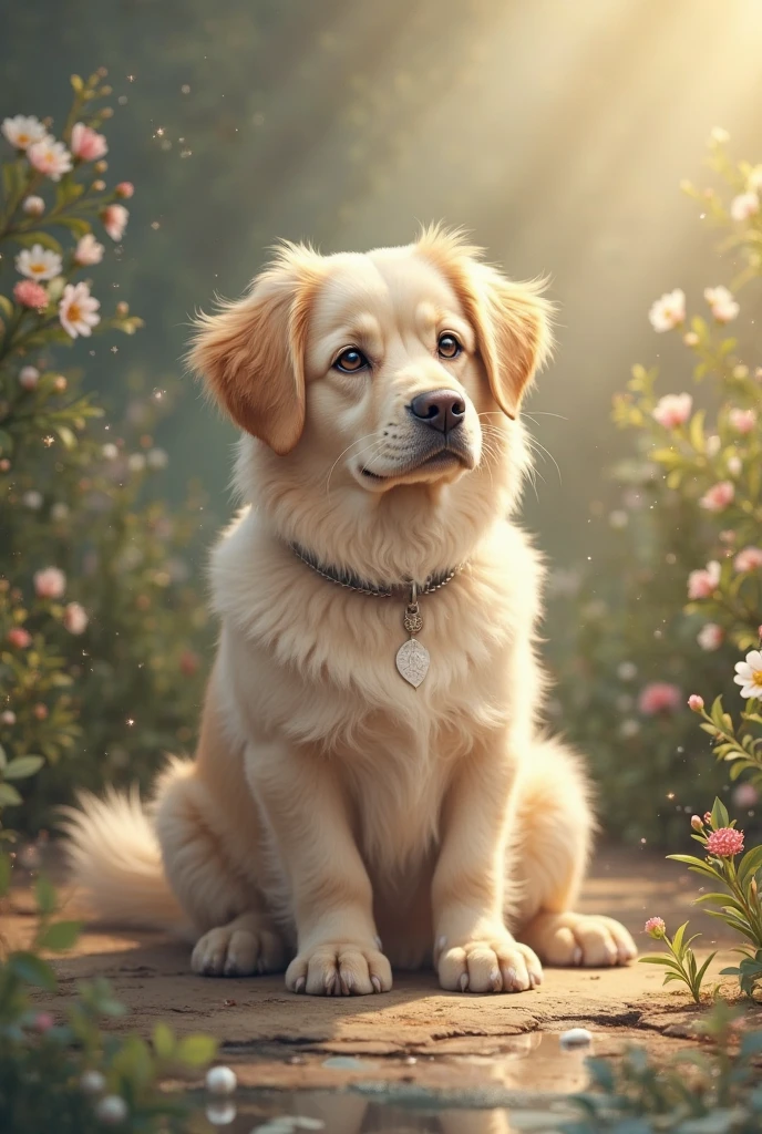 Uma imagem de um cachorrinho dourado, o Max, with bright eyes and a caring expression, olhando para um menino sorridente, o Miguel, who is reaching out to caress his head. They are on a sunny lawn, cercados por flores coloridas.