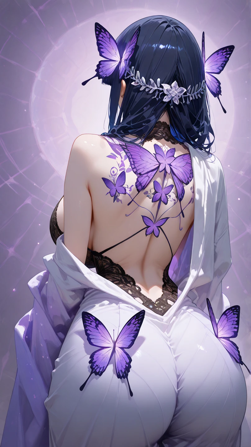 Slender women、((Big butterfly tattoo on the back))Black underwear、Undressed kimono、((black thong))