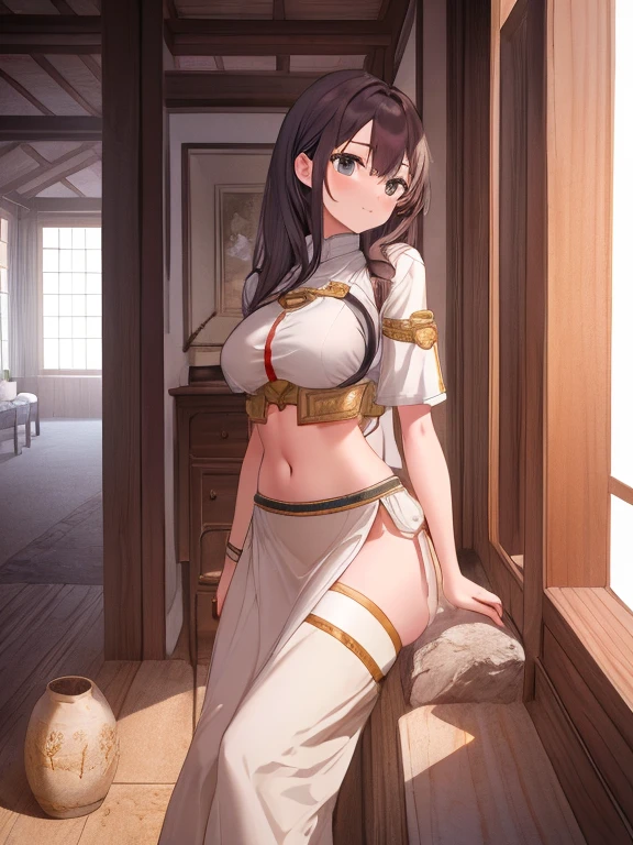 attractive korean woman, ripped muscle, muscular body, small breast, pale skin, smile, nude, sarong, cross necklace, sixpack abs, [ultra detailed skin:1.2], brown hair, wavy hair, 8k uhd, pussy, full body, crowd, public, temple, standing,