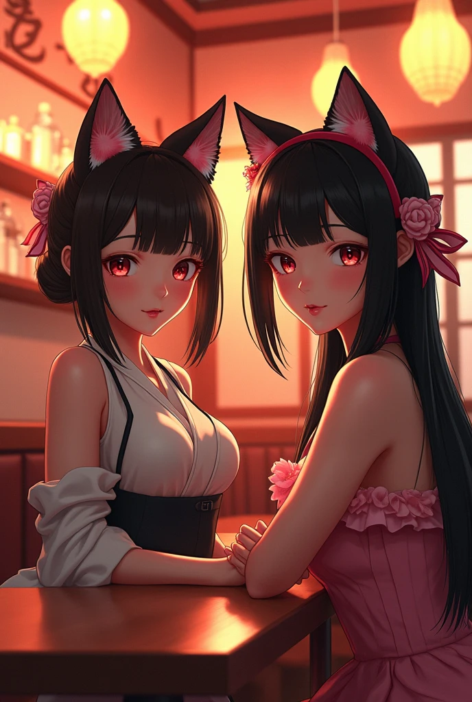 ((point of view)), ((junkotvv)) ((cat ears)), ((in love, she is in love, she loves the viewer))((romantic dinner date, champagne, Canddles)) ((tall and sexy russian supermodel)) ((beautiful face)) ((wide and happy smile)) ((bright red lipstick)) ((very dark eyeshadow makeup)) ((Big bright red eyes)) ((very long and messy black hair, fringe)) (()) ((very big chest:1.5)) ((perfect slim body torso1.3)) ((she is wearing a red strapless sequin dress)) ((red choker, earrings, red stockings)) (())((Inside the dark room sit on a chair having a romantic dinner, many Canddles around))(high resolution, DYNAMIC SHADOWS)((photorealistic:1.5)) ((Masterpiece:1.3)) (8k) (Perfect face) ((Best Quality:1.4)) (Perfect hands and eyes)